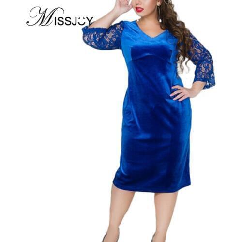MISSJOY 2019 Autumn V-Neck Elegant Party Midi Dress Women Winter Lace Patchwork Plus Size Solid Color Straight Casual Femme Blue