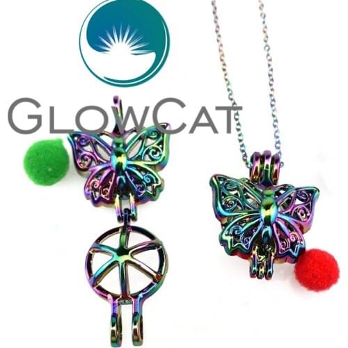 R-C701 Rainbow Color Butterfly Beads Cage Pendant Aromatherapy Perfume Diffuser Pearl Cage Locket Necklace