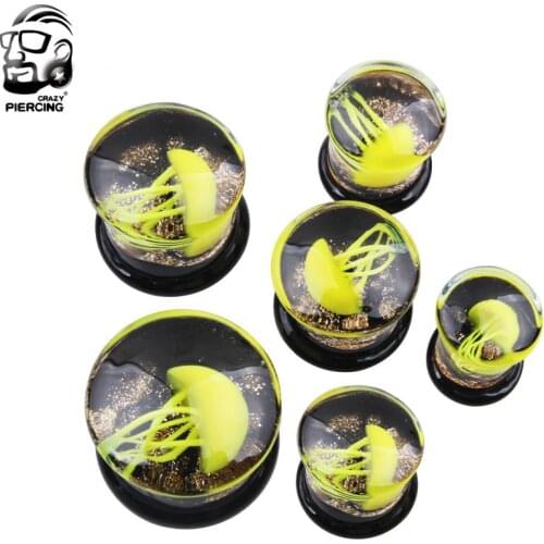 New Product 8mm-16mm Glass Ear Plug Earrings Body Piercing Jewelry Fashion Yellow Jellyfish Ear Gauges Percing Plug Body Jewely
