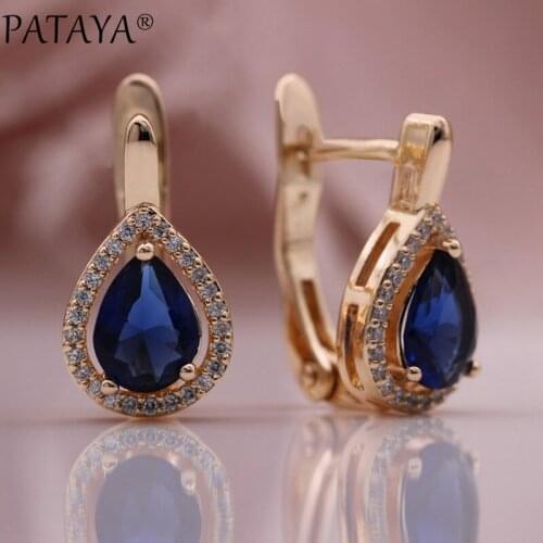 PATAYA New Dark Blue Natural Zircon Water Drop Earrings 585 Rose Gold Hollow Geometric Earrings Women Vintage Fashion Jewelry