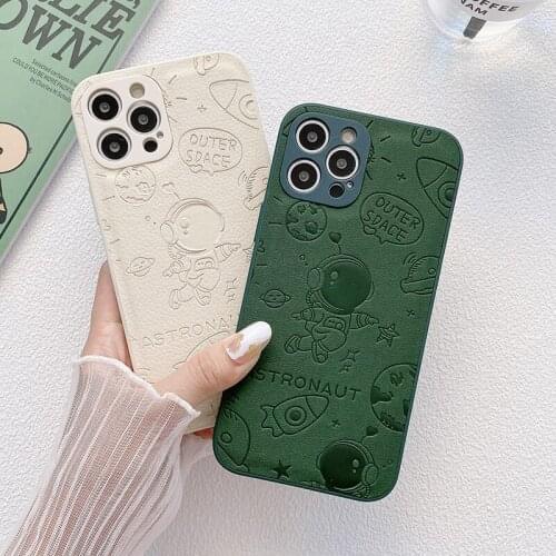 Cute Cartoon Astronaut Leather Phone Case For iPhone 11 12 Pro Max 7 8 Plus XS XR X Korean Soft Silicone Shockproof Bumper Cover