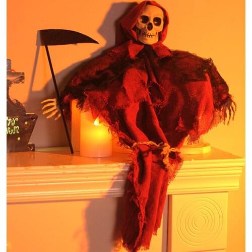Halloween Decoration Skeleton in Red Clothes with Sickle Haunted House Photobooth Props for Home Restaurant Bar
