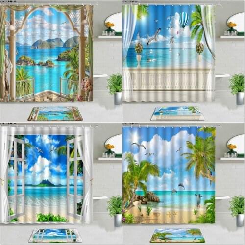 Coastal Sunny Beach Scenery Shower Curtains With Rugs Sea Ocean Palm Tree Landscape Non-slip Carpet Bath Mats Bathroom Decor Set
