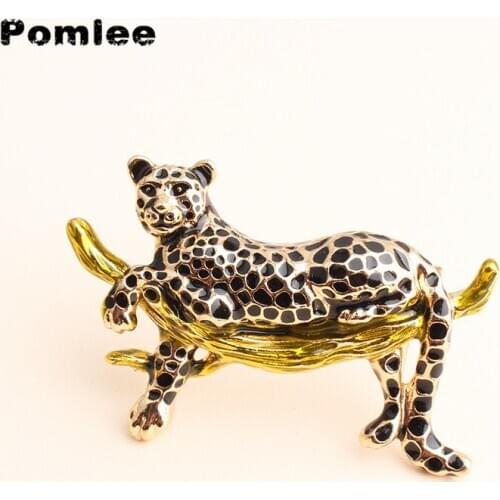 Pomlee Black Enamel Vivid Leopard Brooches For Women Laying On Branch Leopard Fashion Brooch Pin High Quality