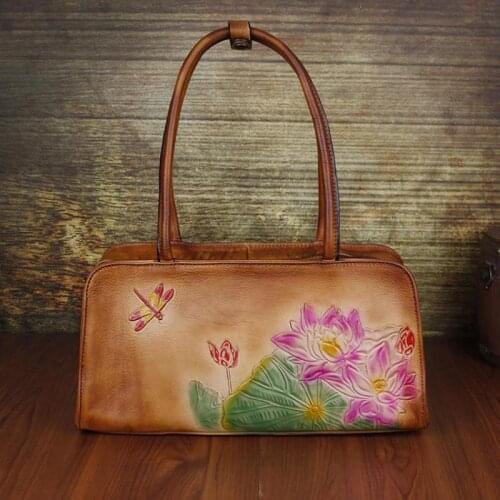 2021 Winter Hand Painted Retro Women Bag Ladies Genuine Leather Embossed Luxury Handbag Chinese Style Soft Cowhide Lady Handbags