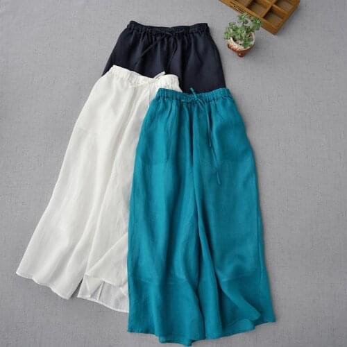 Summer Women All-match Loose Plus Size Fairy Comfortable Water Washed Thin Ramie Trousers Elastic Waist Wide Leg Pants