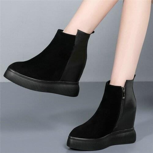 10cm High Heel Platform Creepers Women Genuine Leather Wedges Motorcycle Boots Female Pointed Toe Fashion Sneakers Casual Shoes
