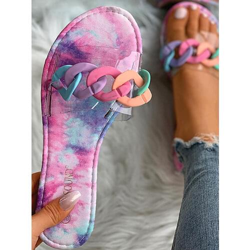 Summer Women Casual Shoes Going Out Soft Daily Wear Fashion Colorblock PVC Chain Transparent Strap Open Toe Flat Sandals