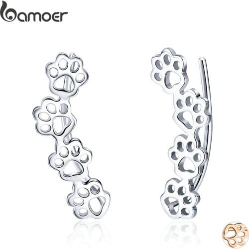 BAMOER Hot Sale 925 Sterling Silver Paw Trail Cat And Dog Footprints Stud Earrings for Women Sterling Silver Jewelry SCE430
