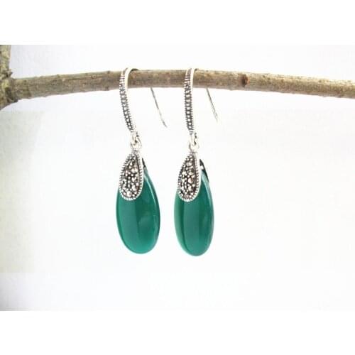 KJJEAXCMY fine jewelry S925 Sterling Silver Thai silver jewelry inlaid Green Agate lady earrings earrings