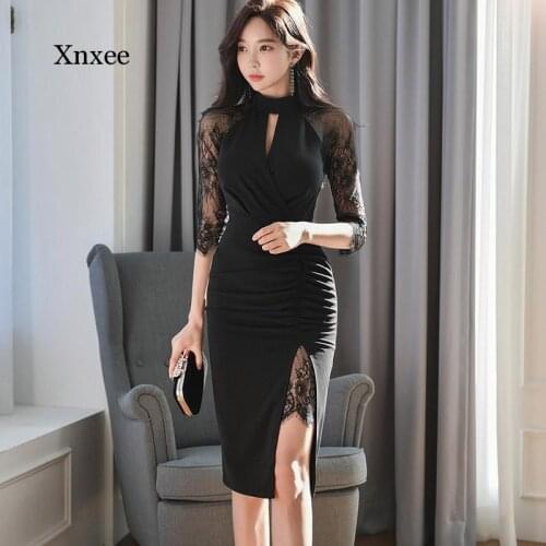 Summer New Korean Ladies Slim Folds Split Stitching Lace Bag Hip Dress Solid Knee-Length Regular Clothing