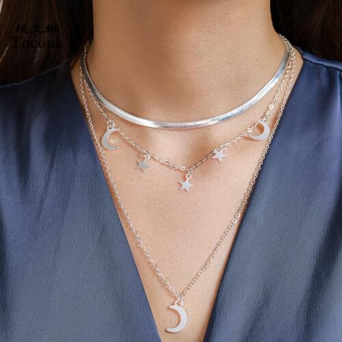 Tocona Bohemian Multilayer Moon Pendant Necklace for Women 2020 Star Silver Color Alloy Metal Party Jewelry Wholesale 14493