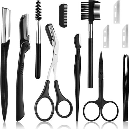 12pcs/set Eyebrow Trimming Set Stainless Steel Eyebrow Clip,Eyebrow Tweezers,comb,razor,brushes,scissors,bag 2021