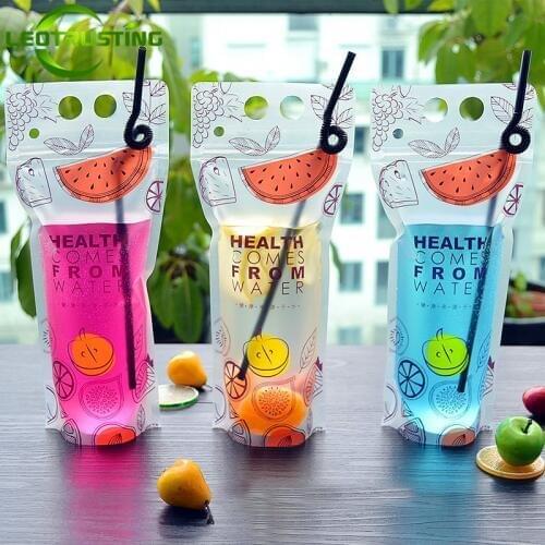 Leotrusting 50pcs 500ml-550ml Portable Stand up Plastic Zip Lock Bag Hot and Cold Summer Beverage Bag Plastic Food Drinking Bag