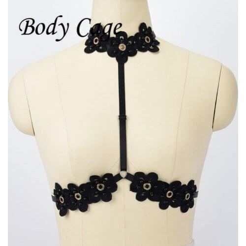 Body Cage Fashion Punk Harajuku black flower lace Body Bondage Cage Sculpting Harness Waist Belt Straps Suspenders Belt