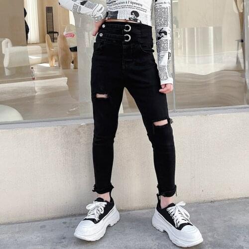Girls Pants High Waist Skinny Trousers Ripped Holes Stretch Tights Black Jeans Childrens Clothes 4-13 Years Kids Girls drawers