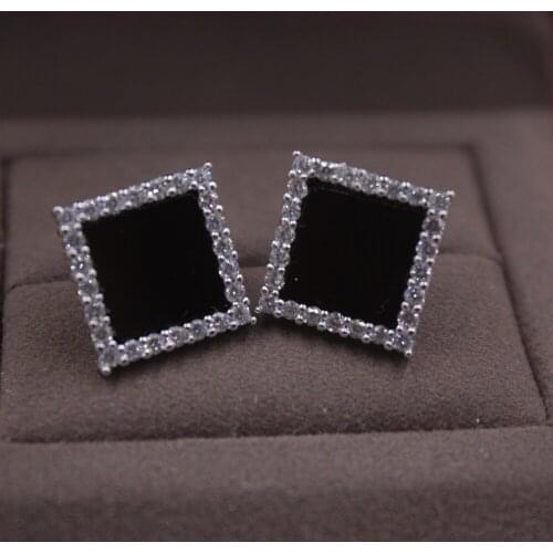 Pure S925 Silver&Black Agate Stud Earrings Womans Zircon Lace Earrings 12mmW Fashion For Women