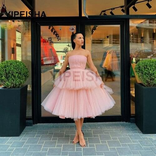 Smoke Pink Prom Dress Strapless Modest Backless High Waist Tea Length Layered Puffy Tulle Fairy Evening Party Gowns