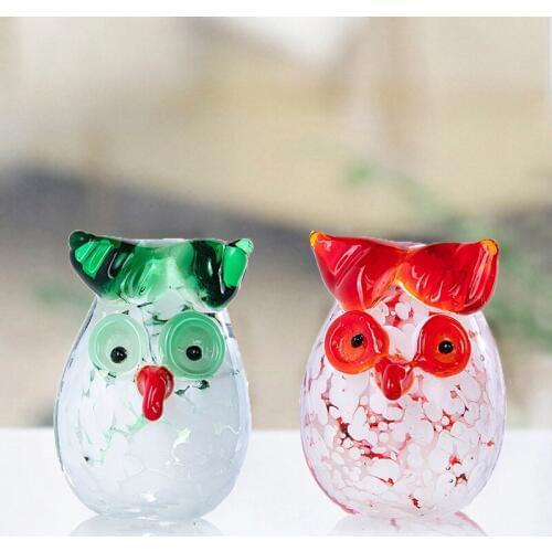 H&D Set Of 2 Xmas Gift Hand Blown Cute Owl Figurines Collection Murano Art Glass Sculpture Miniature Animal Ornament Home Decor