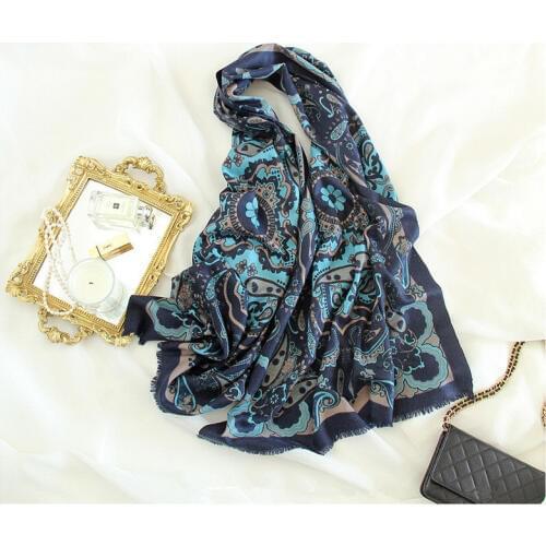 Exquisite classic vintage printed 100%goat cashmere women fashion mid-thin big scarf shawl pashmina 70x190cm royal blue