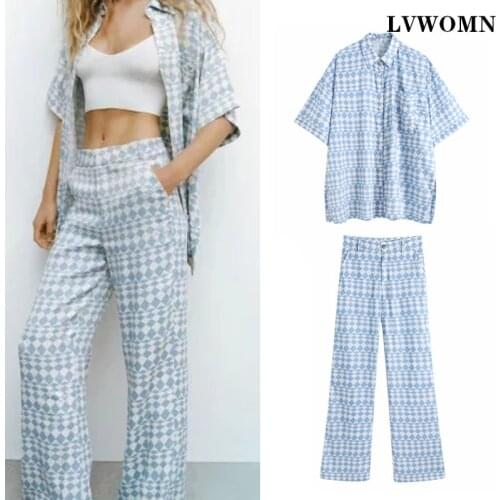 LVWOMN Za 2021 Two-Set Women Summer Fashion Geometric Print Satin Blouse Women Short Sleeve Top+Hight Waist Casual Woman Trouser