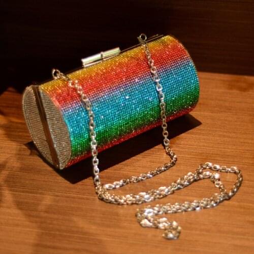 Rainbow Rhinestone Purse Evening Bag for Women Luxury Handbag Wedding Clutch Bag Banquet Diamond Cylinder Shoulder Bag