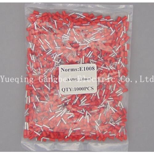 Red E1008 Wire Copper Crimp Connector Insulated Cord Pin End crimp Terminal 18AWG 1mm