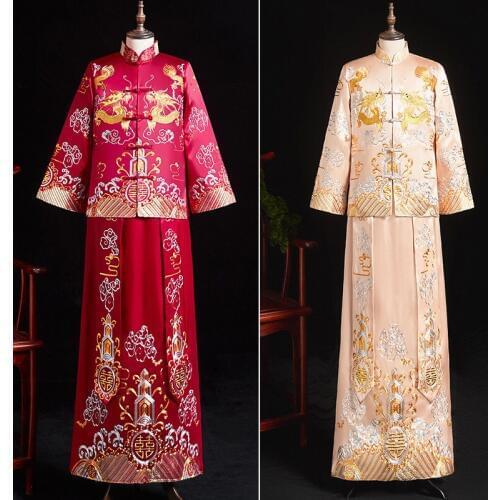 FZSLCYIYI Red Groom Vintage Loose Cheongsam Traditional Chinese Wedding Gown Satin Qipao Embroidery Dragon Costume Vestidos