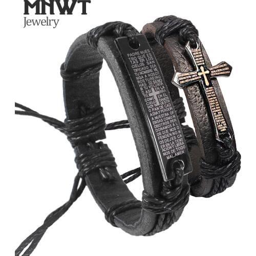 MNWT Fashion Wamen Men Vintage Leather Bracelets Bible Text Prayer Cross Adjustable Wax Cord Handmade Cross Bracelet