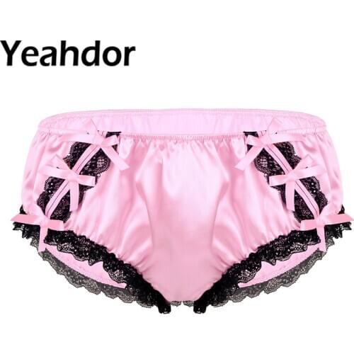 Mens Sissy Underwear Briefs Shiny Soft Ruffled Floral Lace Satin Lingerie Low Rise Stretchy Bikini Gay Underpants Panties