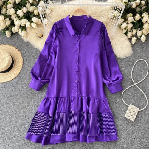 Solid Color POLO Collar Shirt Type Dress Single Breasted Full Lantern Sleeve Ladies Patched Pleated Ruffles Meduim Dress Women
