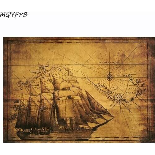 Ancient Sailboat Navigation Line Kraft Paper Poster Picture House Decorative Painting 50.5x35cm