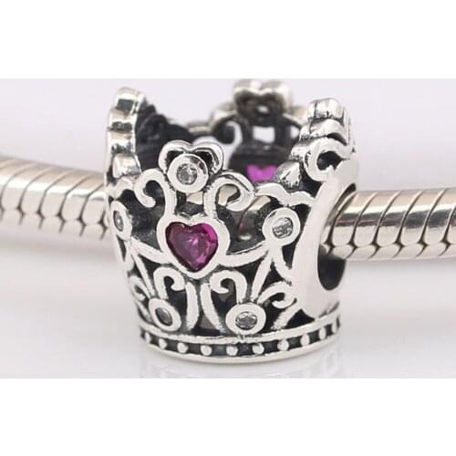 Authentic S925 Silver Openwork Princess Crown With Crystal Bead Charm fit Pandora Bracelet Bangle DIY Jewelry