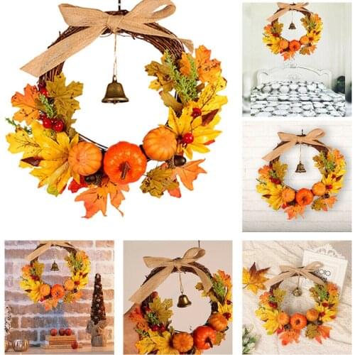 Welcome Wreath Decor Door Hanging Garland Ornament Simulation Leaf Pumpkin Berry Maple Leaf Bell Artificial Plant Party Decor