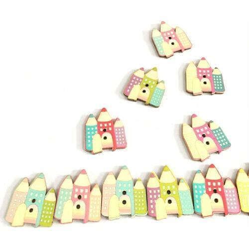 50PCs Colorful Cartoon Pencil Castle Wood Sewing Button 2 Holes For Sewing ,DIY,Decorate 7NK215