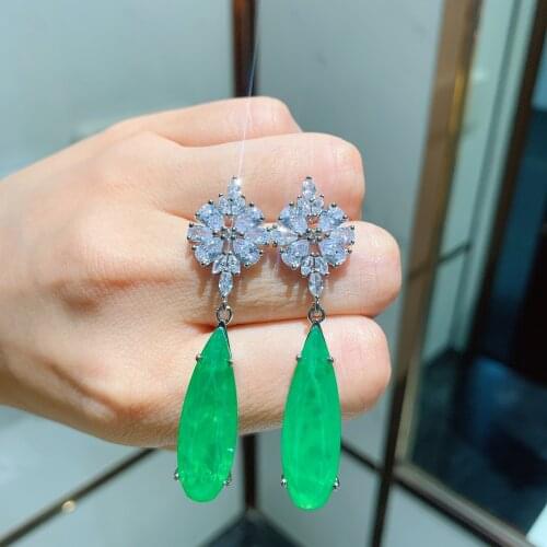 QTT Long Hanging Earrings With White Flower Crystal Emerald Tourmaline Gemstone For Women Girl Gorgeous Fine Jewelry 2021 Trend