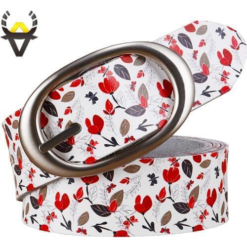 Fashion genuine leather belts for women Luxury designer printing Red leaves floral belt female Pin buckle strap width 3.5 cm