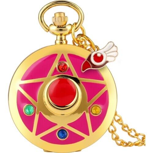 Sailor Moon Theme Golden Quartz Pocket Watch Girls Necklace Pendant Antique Pocket Watches Gifts with Sweater Chain