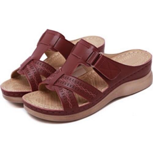 Retro Women Slipper Plus Size 35-43 Women Summer Beach Slides Flops Outdoor Flat Slipper PU Leather Shoes