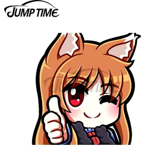 JumpTime 13 x 6cm Peeking Chibi Holo Thumbs Up Spice and Wolf Windows Cartoon Waterproof Decal Scratch-Proof Anime Car Stickers