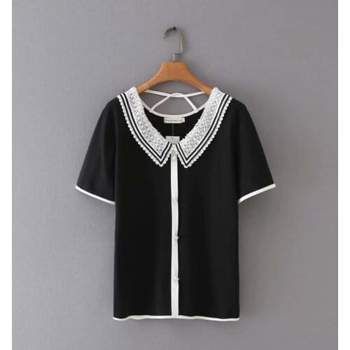 Plus size Lace peter pan collar cotton women tshirts 2021 new summer casual short sleeve black white lady t shirts female top