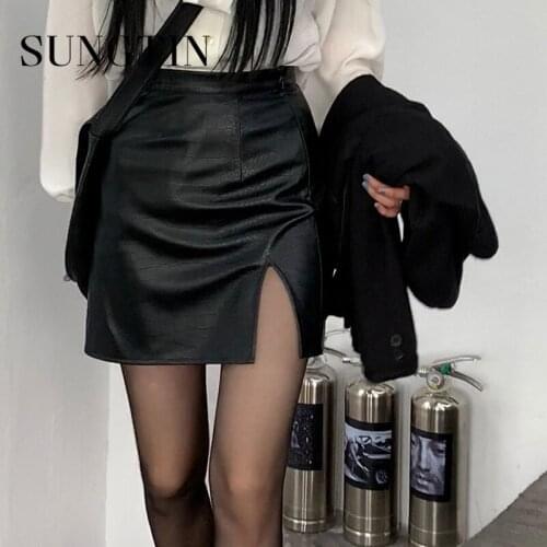 Sungtin High Waist Pu Skirt for Women Split Sexy Faux Leather Mini Skirt Classic High Street Solid A Line Skirts Female 2021