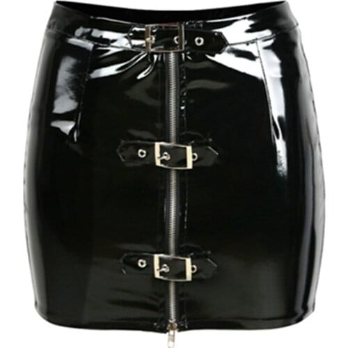 S-XXXL Sexy Black Wet Look PVC Latex Pencil Skirt Vinyl Zipper Adjustable Button Shiny Clubwear Bodycon Mini Skirt