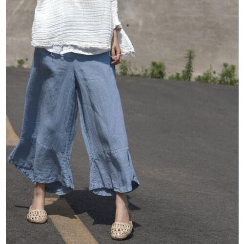 Women Summer Ramie Elastic Waist Wide Leg Pants Ladies Loose Solid Color Trousers Female 2021 Vintage Pants