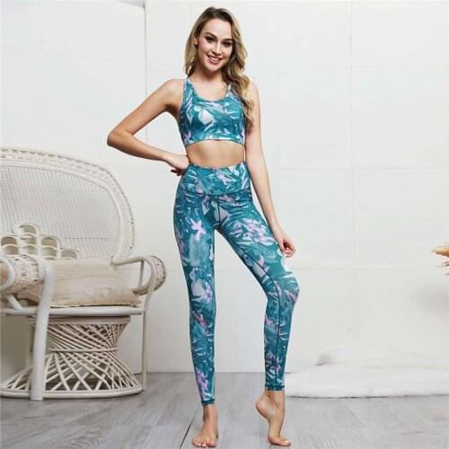 2021 Ladies ' Print High Waist Hip Bottom Pants New Fitness Yoga Bloom Pant Suit Seamless Yoga Suit Fitness Sets