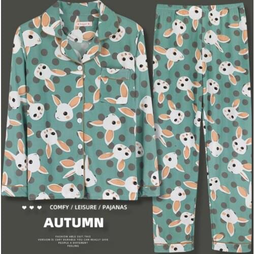 Womens Suit Soft Lapel Print Cardigan Pajamas Set Womens Clothes Sleepwear 2 Pieces Set Long Sleeve Homewear 2021 Autumn