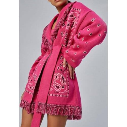 Printed tassel cardigan womens retro oversized knitted sweater coat Y2K sweater winter long green cardigan with belt clothes