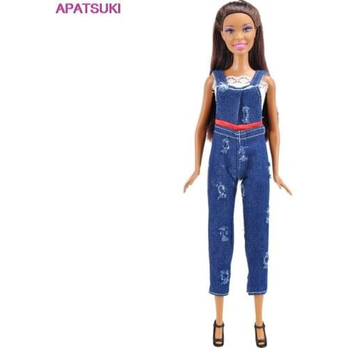 1Set Fashion Outfits For Barbie Doll Clothes 1/6 Handmade White Short Lace Top & Jeans Pants Suspender For Barbie Dollhouse Toys