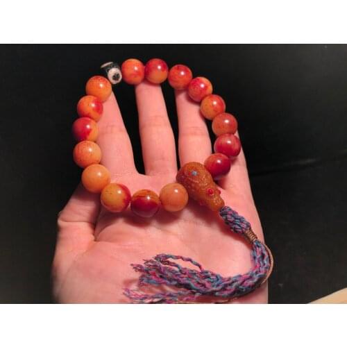 Leopard Bone Bead String Bracelet Old Object Agate Three Eyed Dzi Blood Red Material Man‘s Jewelry Collectible Fathers Day Gift