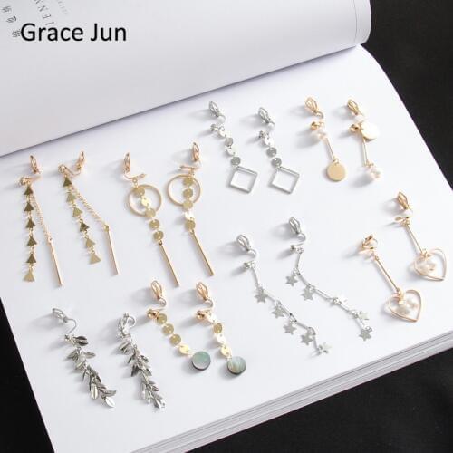 Grace Jun Korea Style Heart Peach Star Geometric Long Tassel Clip on Earrings Without Piercing for Women No Ear Hole Earrings